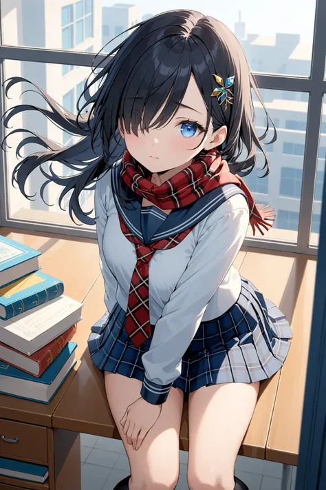 1girl, solo, masterpiece, best quality, black hair, black socks, blue eyes, book, collarbone, floating hair, hair over one eye, hair ornament, head tilt, leaning forward, looking at viewer, necktie, plaid, plaid scarf, plaid skirt, school uniform, serafuku...