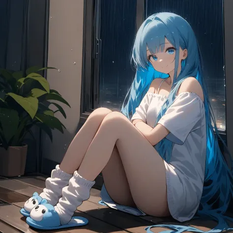 (masterpiece, best quality:1.2),1girl,slippers,solo,blue_eyes,sitting,smile,window,looking_at_viewer,off_shoulder,white_shirt,blue_hair,white_socks,closed_mouth,bangs,loose_socks,indoors,knees_together_feet_apart,bare_shoulders,night,full_body,short_sleeve...