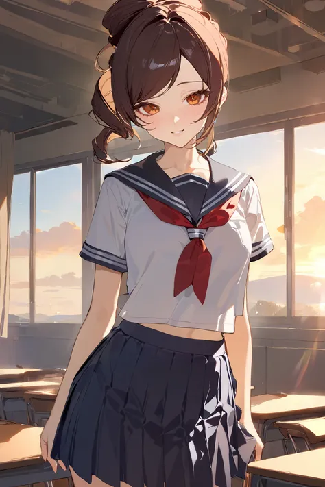 masterpiece, best quality, perfect features, intricate details, ray tracing, newest,(hitenkei, askzy:0.4), 1girl, chiori (genshin impact), school uniform, serafuku, cowboy shot, sunbeam, sunset, classroom, indoors, window, light smile, blush, looking at vi...