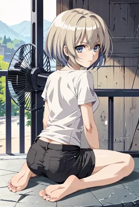 (anime, tone mapped:1.2), 1girl, arm support, backlighting, balcony, bangs, bare legs, barefoot, bob cut, contemporary, day, electric fan, from behind, frown, full body, hand on own knee, hand rest, light particles, looking at viewer, looking back, no line...