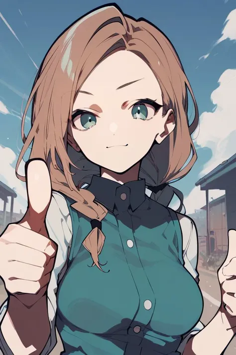 score_9, score_8_up, score_7_up, 1girl, looking at viewer, thumbs up, in heat, bronze hair, low-braided long hair, parted bangs, teal eyes, medium breasts, light blue vest, sunbeam, dirt road, perspective <lora:mochizuki_kei_PonyXL_style_v01:1>