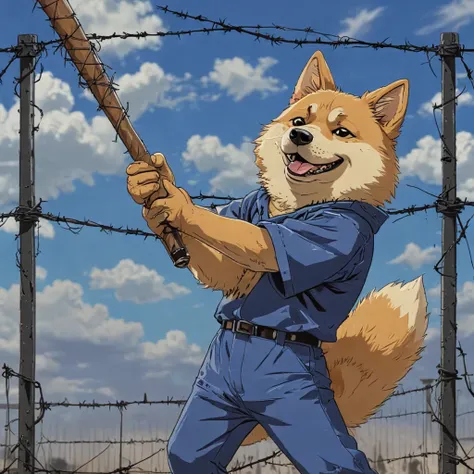 (1980s anime, cinematic, aesthetic, illustration) doge holding a very large baseball bat wrapped in barbed wire