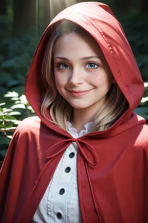 zPDXL, zPDXLpg, dappled sunlight, realistic photograph of little red riding hood, close-up portrait, smiling, in a dark forest sitting on the ground, wearing a red hooded cloak, red dress and boots