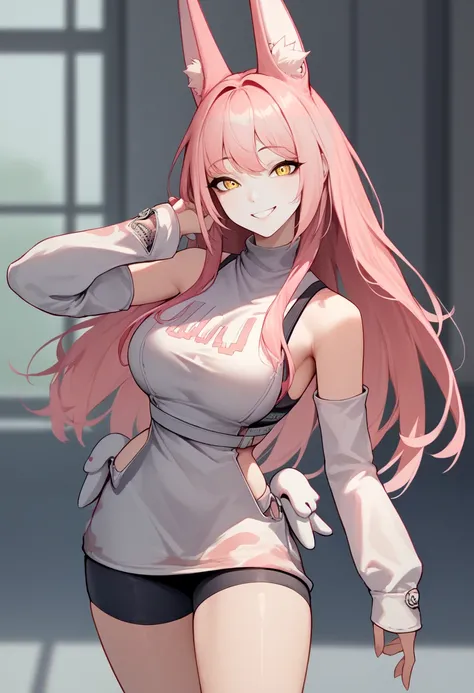 score_9, score_8_up, score_7_up, source_anime BREAK 1girl, solo, standing, wide hips, smile, <lora:leona-nikke-richy-v1_pdxl:1> leona, pink hair, long hair, animal ears, yellow eyes, detached sleeves, white sweater, turtleneck, sweater dress, sports bra, w...