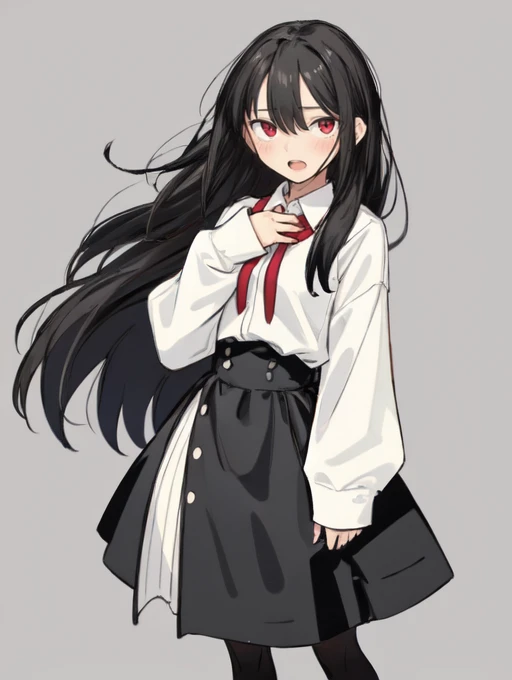 (masterpiece, high quality:1.4), BREAK,
1girl, teen, solo, full body, , black dress, black hair, blush, dress, grey background, hair between eyes, hand up, long hair, long sleeves, looking at viewer, looking to the side, open clothes, open mouth, parted ba...