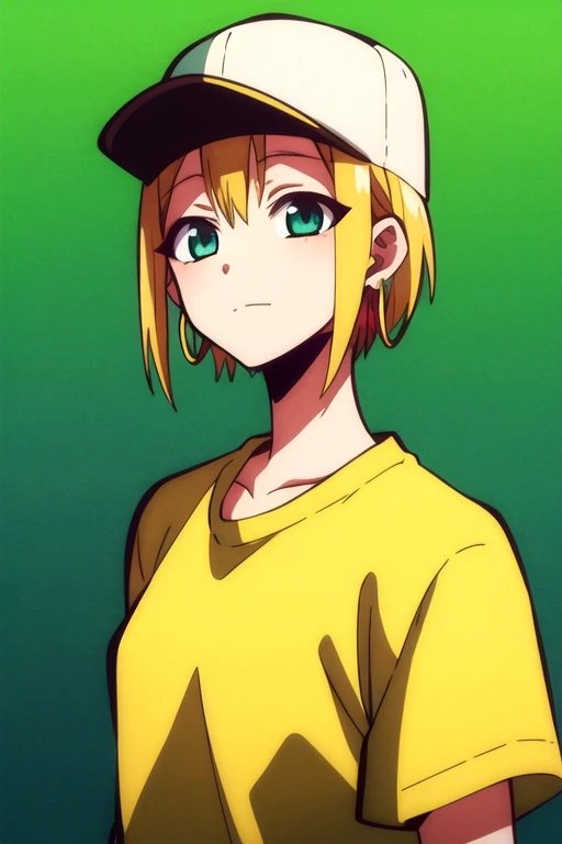 masterpiece, best quality, , 1girl, aqua eyes, baseball cap, blonde hair, closed mouth, earrings, green background, hat, hoop earrings, jewelry, looking at viewer, shirt, short hair, simple background, solo, upper body, yellow shirt, solo, looking at viewe...