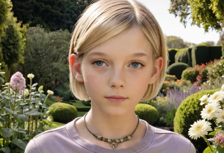 blond girl with blue eyes and a necklace standing in a garden