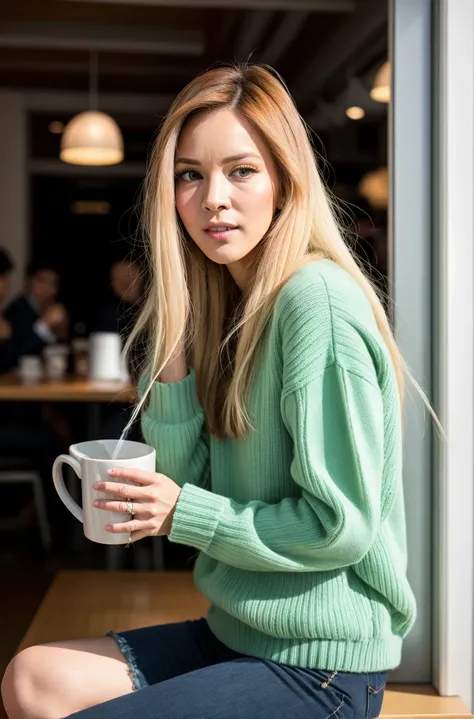 tv_Candee_Licious_PS, , wearing a cozy knitted sweater, sitting in a café, holding a steaming mug with both hands, happy expression,, deep shadows, highly detailed, professional,soft volumetric lighting, realistic, roughness, ultra realistic, photographed ...