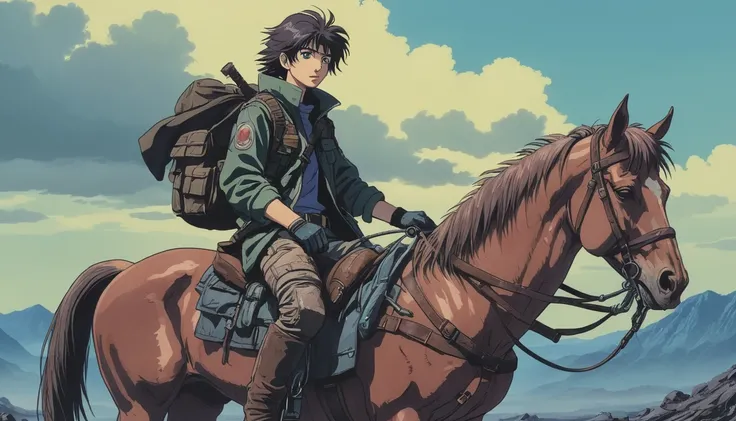 (1980s anime, cinematic, aesthetic, wow) anime illustration of a post-apocalyptic survivor on a horse