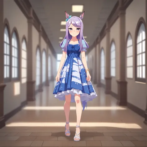 [score_9, score_8_up, score_7_up], <lora:Smooth2_Pony:1.0>, source_anime, 1girl, solo, mejiro mcqueen (umamusume), casual, dress, high heels, hallway, smile, blush, (depth of field, blurry background), <lora:mcqueen_pony:0.72>