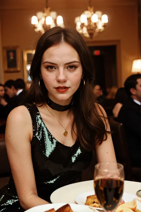 tv_Generic_25yo_Russian, , flirty expression, wearing a sequin dress, wearing a diamond choker, red lips, dramatic makeup, sitting in a restaurant, holding a glass of wine, medium closeup shot,