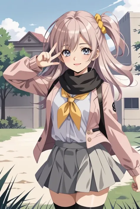 masterpiece, best quality, cowboy shot, looking at viewer, smile, long hair, one side up, hair scrunchie, school uniform, yellow scarf, pink jacket, bow, grey skirt, black socks, loafers, peace sign, outdoors, grass,