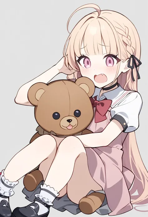 1girl,
teddy bear, pink eyes, short sleeves, blunt bangs, sitting, open mouth, wavy mouth, bowtie, holding stuffed toy, shoes, chibi, blush, short dress, very long hair, fang, white shirt, pink dress, hair ribbon, collared shirt, shirt, hand to head, black...