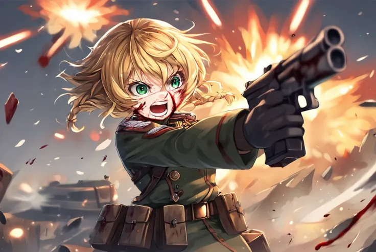 score_9, score_8_up, score_7_up,TanyaDegurechaff, 1girl, solo, short hair, open mouth, blonde hair, gloves, long sleeves, holding, hair between eyes, green eyes, weapon, braid, teeth, black gloves, belt, holding weapon, uniform, gun, military, blood, milit...