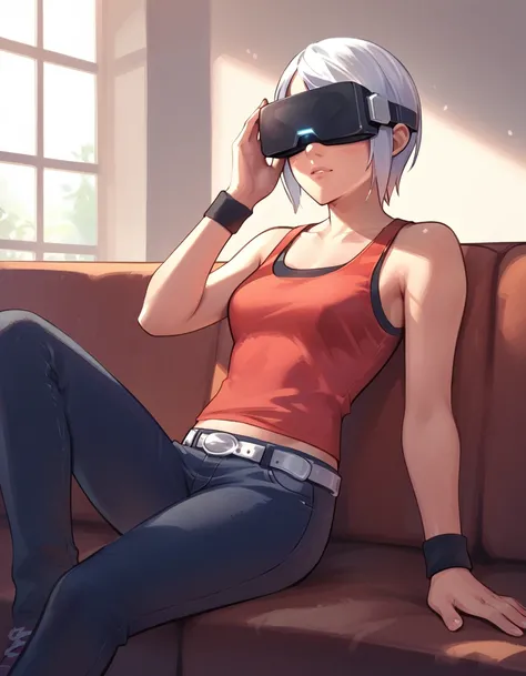 <lora:ashley-ac-ponyxl-000060:1> ashley mizuki robbins, tank top, red shirt, midriff peek, jeans, white belt, wristband,
sitting, sofa, living room, wearing VR headset, score_9, score_8_up, score_7_up, score_6_up, score_5_up, score_4_up