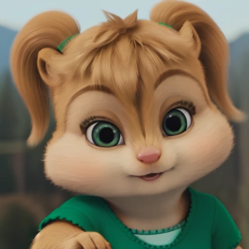 <lora:EleanorCGI:0.8>, eleanorcgi, solo, chipmunk, furry, cub, small body, slightly chubby, cute, (small ears), (short snout), pigtails, wearing short green dress, close up, outdoors, masterpiece, detailed background