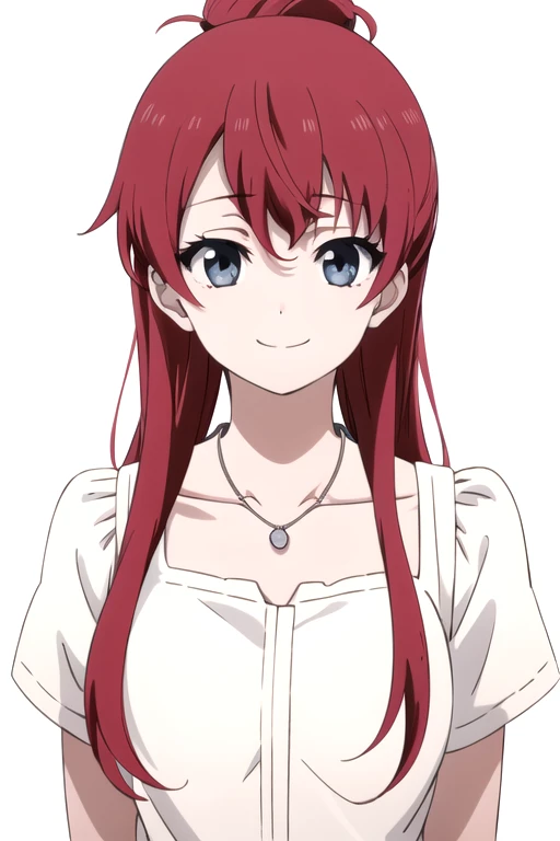 solo, 1girl, looking at viewer, 2D, anime, anime coloring, upper body, (solid white background:1.3), <lora:shizuka-shirobako:0.8>, shizuka sasak, shirt, necklace, collarbone, smile