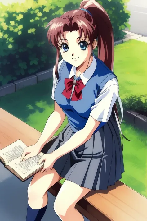 <lora:yoshino_tomomi:0.8>,  yoshinotomomi, 1girl, soro, long hair, brown hair, blue eyes, ponytail, high ponytail, medium breasts,  book, smile, skirt, holding, sitting, outdoors, looking at viewer, short sleeves, retro artstyle, 1990s (style), pleated ski...