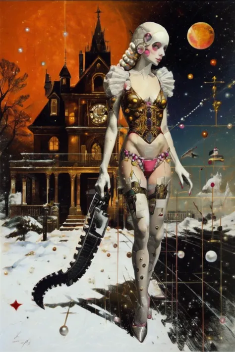 Haunted mansion, Jester cutout, pearls, pink eyeshadow, showing thigh, pixelart, cutting edge chainsaw collage, silver ornaments on vermillion glitter, culling mirages of blizzard ghosts in the alps, in the style of hyper-realistic sculptures, golden hues,...