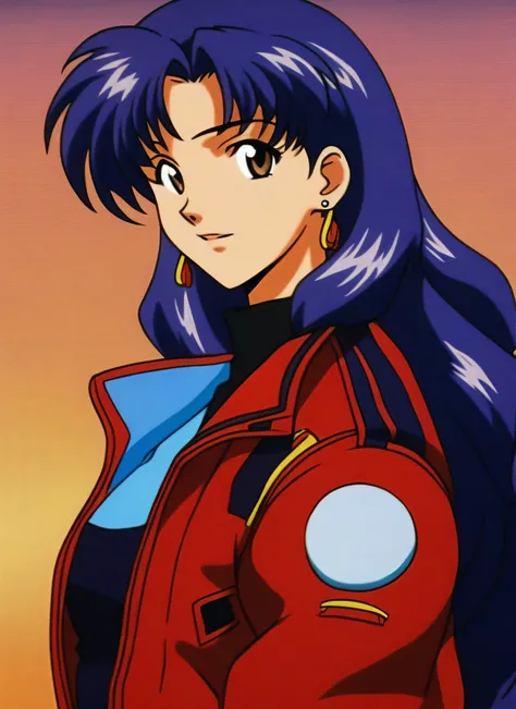 <lora:Misato:0.7> 1girl,solo,long hair,looking at viewer,bangs,brown eyes,jewelry,blue hair,jacket,upper body,purple hair,earrings,red jacket,stud earrings,katsuragi misato,retro artstyle,1990s (style),oldest,katsuragi misato