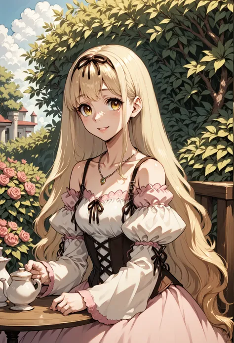 1girl, solo, smile, blonde hair, long hair, ribbon, yellow eyes, pink dress. corset, necklace, long sleeves, bare shoulders, upper body. holding cup, outdoors, sitting, garden, table, teapot, close-up <lora:Luserina_Barows_Suikoden_V:1>, score_9, score_8_u...