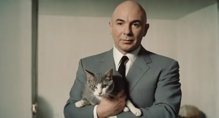 analog film photo of  <lora:James Bond 007 style:0.9> detailed sharp image of
Dr. Evil Mike Myers a bald man in a grey suit holding a cat,solo,1boy,male focus,indoors,cat,realistic,bald,old,old man , dramatic light, dramatic shadow light, contrast, cinemat...