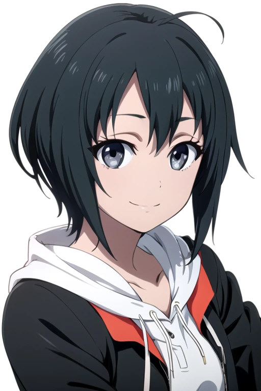 solo, 1girl, looking at viewer, 2D, anime, anime coloring, upper body, (solid white background:1.3), <lora:misa-shirobako:0.75>, misa toudou, black jacket, white hoodie, smile