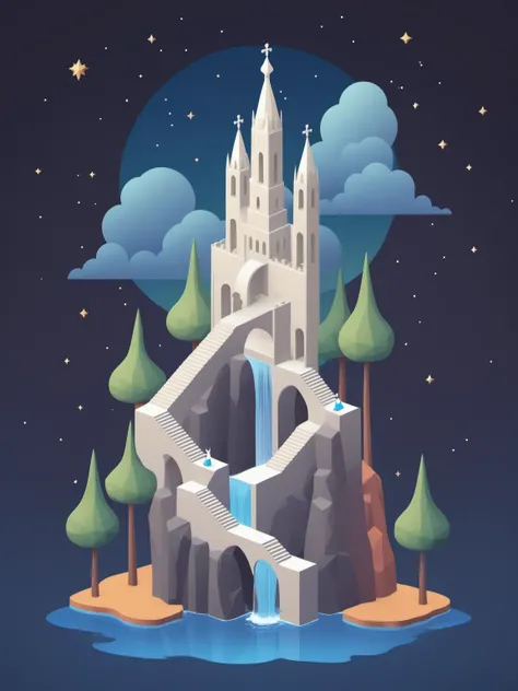 video game monument valley style, Sagrada Familia, stairs, water, cloud, trees, waterfall, gradient background, Night, starry sky, <lora:Monument Valley style:0.7>