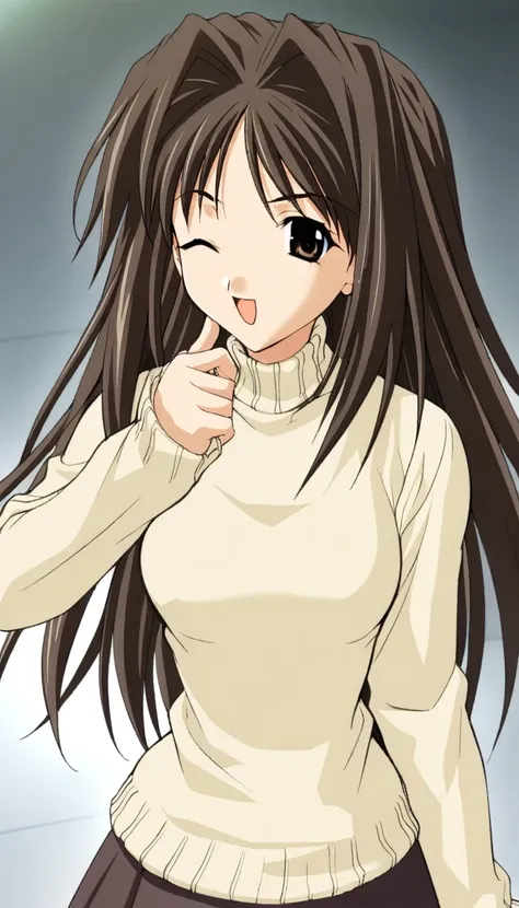 1girl,Shirakawa Shizuru,sweatershizuru,beige sweater,skirt,masterpiece,best quality,very aesthetic,absurdres,game cg,(detailed beautiful eyes:1.2),(beautiful face:1.2),simple background,white background,<lora:ShirakawaShizuruXL:1>,one eye closed,open mouth...