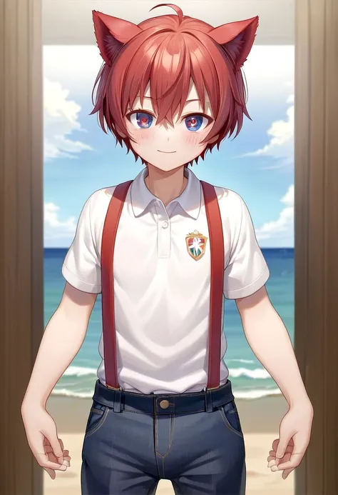 <lora:Aki_epoch_13:0.6>, (1boy:1.2), beach, smile, ( crimson cat ears:1.4), (red ears), male face, male body, more details in eyes, (very short hair:1.2), hair between eyes, cute, adorable boy, cute face, detailed face, handsome, young, juvenile, white ski...