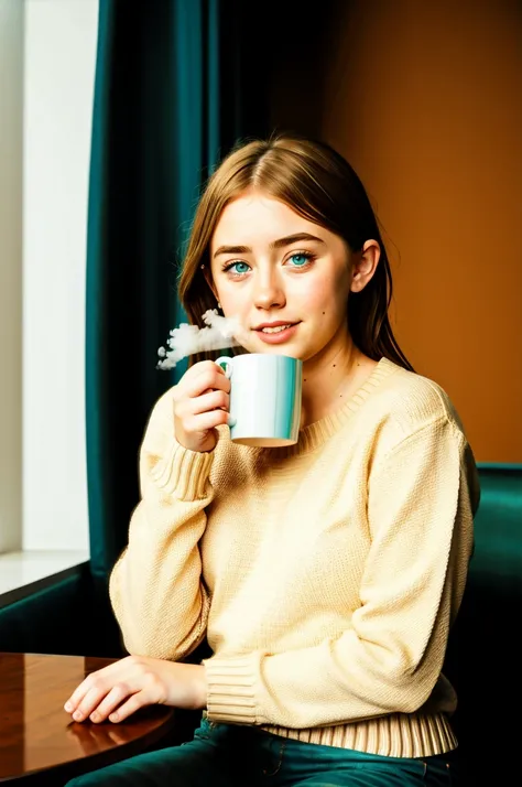 RAW photograph, tv_Generic_25yo_Dane, , wearing a cozy knitted sweater, sitting in a café, holding a steaming mug with both hands, happy expression,,