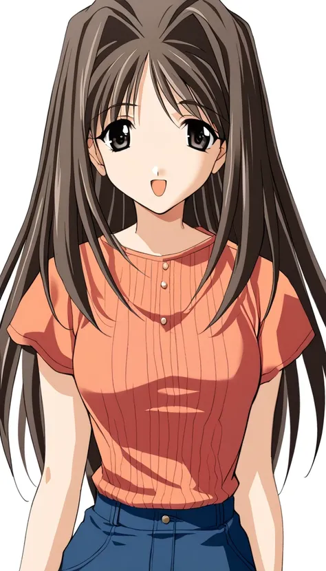 1girl,Shirakawa Shizuru,redshizuru,vertical striped t-shirt,denim pencil skirt,masterpiece,best quality,solo,very aesthetic,absurdres,game cg,(detailed beautiful eyes:1.2),(beautiful face:1.2),<lora:ShirakawaShizuruXL:1>,simple background,white background,...