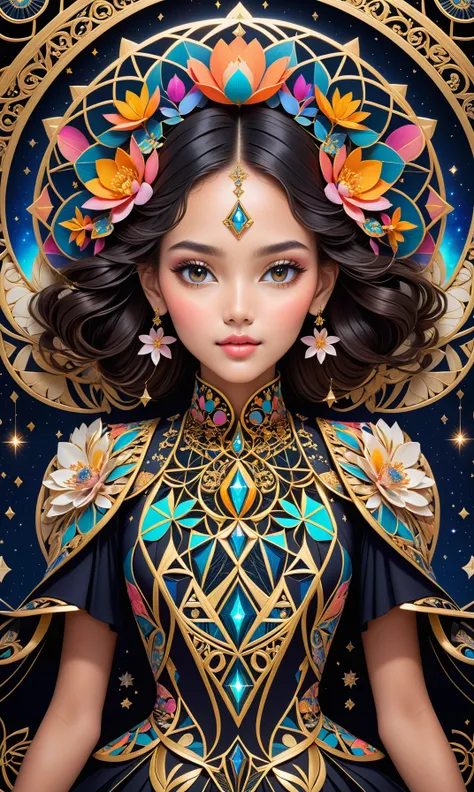 Photo of a beautiful young woman wearing her natural beauty, intricate and symmetrical design face in an ornate floral fashion. Her elegant attire is adorned with vibrant colors that symbolize the feminine form for ages to come at night by luminous geometr...