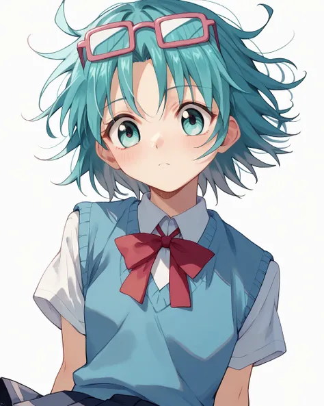 score_9, score_8_up, score_7_up,
<lora:æ£®ãã_PONY:1>,æ£®ãã,1girl, solo,aqua hair, aqua eyes,short hair,eyewear on head,school uniform,skirt,blue sweater vest,ribbon,