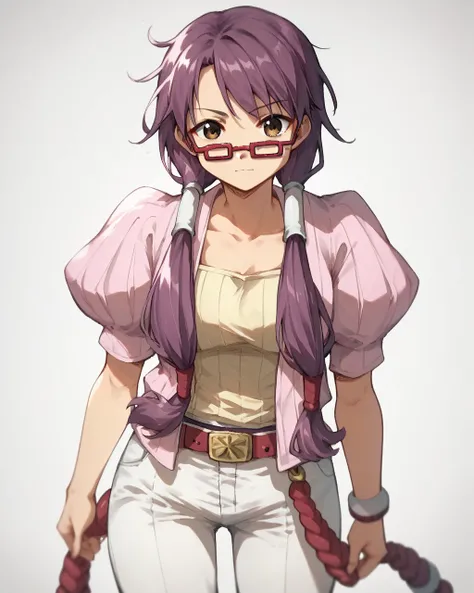 score_9, score_8_up, score_7_up,
<lora:é´å­_ã¸ã§ã©ã¼ã_PONY:1>,é´å­ ã¸ã§ã©ã¼ã, 1girl, solo, purple hair, long hair, twintails,hair tubes, brown eyes,red glasses,belt, twintails,white pants,shirt, puffy sleeves,