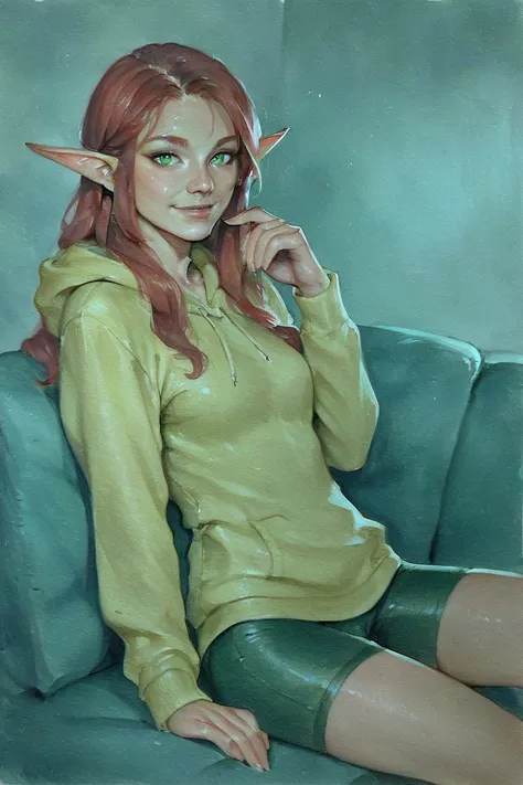 score_9, score_8_up, score_7_up, rating_safe, traditional media, realistic, elf, pointy ears, red hair, long hair, green eyes, yellow hoodie, bike shorts, smile, 1girl, solo, looking at viewer, cowboy shot, sitting, on couch, couch, indoors, living room <l...