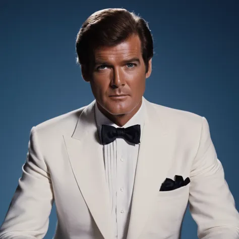 cinematic film still of  <lora:James Bond 007 style:0.9> detailed sharp image of
Roger Moore jamesbond4 a man in a white suit and bow tie,solo,looking at viewer,black hair,1boy,bow,upper body,male focus,dark skin,bowtie,blue background,formal,dark-skinned ...