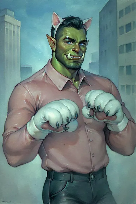 score_9, score_8_up, score_7_up, rating_safe, traditional media, realistic, orc, green skin, tusks, facial hair, beard, mustache, black hair, blue eyes, pink shirt, collared shirt, long sleeves, black pants, muscular, 1boy, solo, male focus, mature male, f...