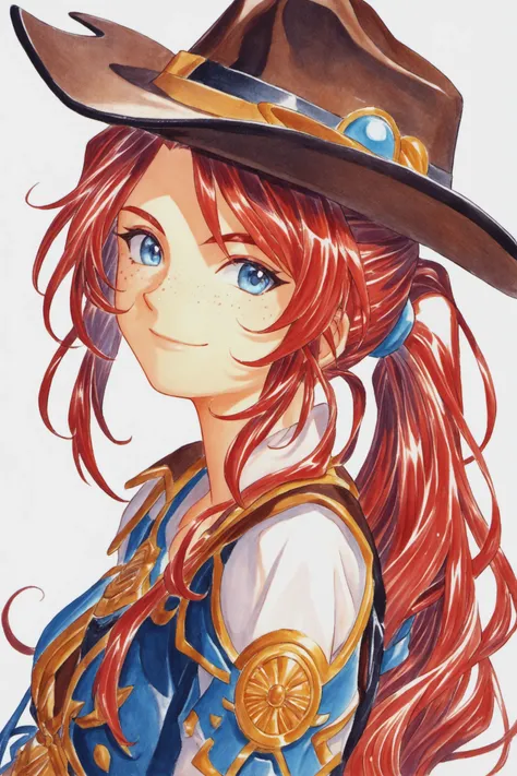 Gemini Sunrise,freckles,1girl,solo,hat,cowboy hat,blue eyes,long hair,smile,closed mouth,upper body,white background,traditional media,ponytail,cowboy western,simple background,looking at viewer,red hair,jewelry,red hair,score_9,score_8_up,<lora:Kosuke Fuj...