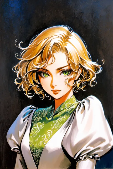 1girl,solo,blonde hair,upper body,white background,simple background,short hair,green eyes,curly hair,looking at viewer,dress,long sleeves,puffy sleeves,short hair,traditional media,<lora:Ayami Kojima_XL:0.8>,