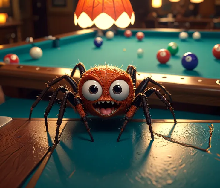 masterpiece, RAW photo, post processing, cinematic, anthropomorphic spider on a pool table, open mouth fangs, super-cute looking hybrid of human and spider, boy-like character, 3D animation style of pixar, disney, pool tables and bar scene background