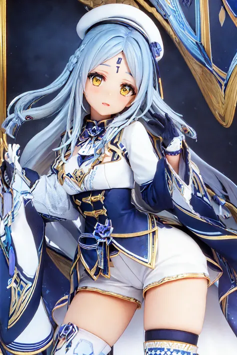 <lora:girl_20240320173627-000015:0.8>white cap, gloves, braid, blue hair,forehead mark, white thighhighs, thighhighs, long sleeves, yellow eyes, shorts, wide sleeve,long hair,, masterpiece, best quality,intricate details