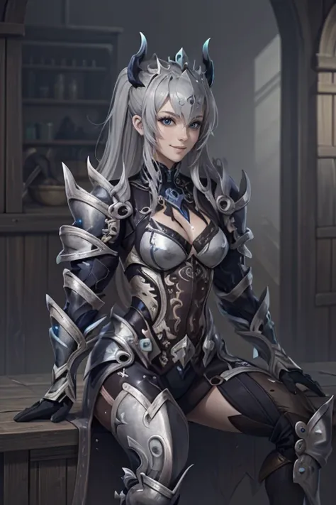 hxarmour,<lora:HXarmour_018:0.8>,1girl,smile,crown.,(gray armour:1.3),(Crossed legs:1.2),
ultra-detailed,extremely delicate and beautiful,(by exquisite colors block),masterpiece,best quality,unreal engine 5 rendering,movie light,movie lens,movie special ef...