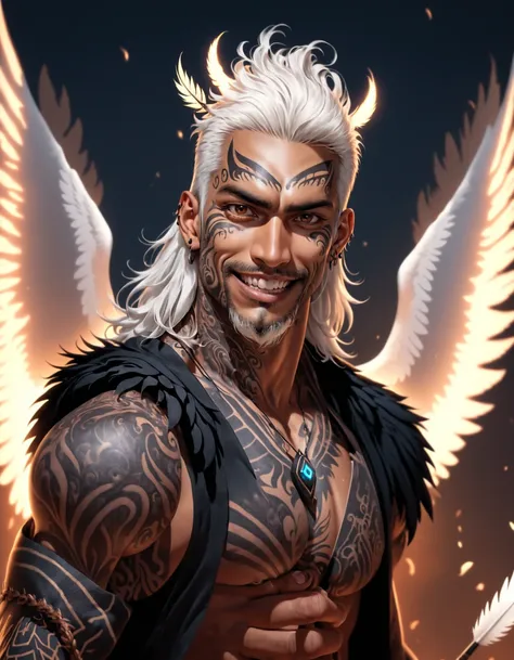 AotearoaMatariki, solo, 1boy, holding, upper body, weapon, white hair, male focus, tan skin, dark skinned male, facial hair, beard, facial tattoo, hair feather, moko, maori, pasifika, tatoo, realistic, old, old man, demon wings, glowing, magic, evil grin, ...