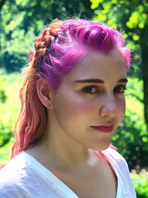 a picture of m4ria15, pink hair, realistic, photorealistic, detailed skin, surface scattering, bokeh, skin pores, <lora:m4ria15:1>looking at viewer,outdoors,wearing a white shirt