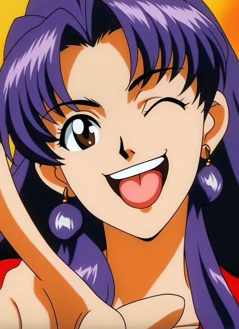 <lora:Misato:0.7> 1girl,solo,long  hair,looking at viewer,smile,open mouth,bangs,purple hair,brown eyes,one eye closed,tongue,;d,pointing,portrait,close-up,katsuragi misato,retro artstyle,1990s (style),masterpiece,oldest