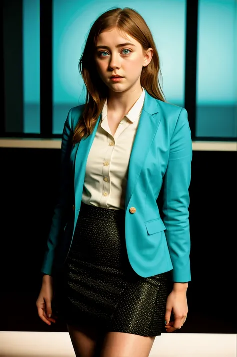 RAW photograph, tv_Generic_25yo_Dane, , angry expression, wearing a pencil skirt, wearing a dress shirt, wearing a blazer, standing at the edge of a conference table, shot from below, ((cowboy shot)),,