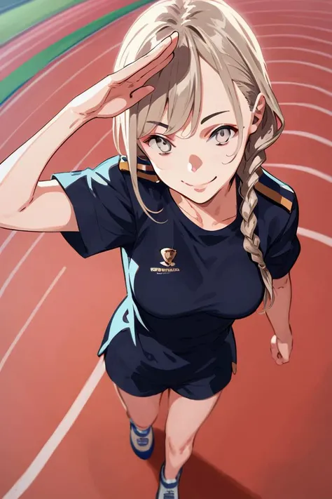 score_9, score_8_up, score_7_up, 1girl, looking at viewer, vulcan salute, squinting eyes smile, bronze hair, braided bangs, textured bangs, grey eyes, medium breasts, light brown compression shirt, dim light, running track, from above <lora:pako_(pakosun)_...