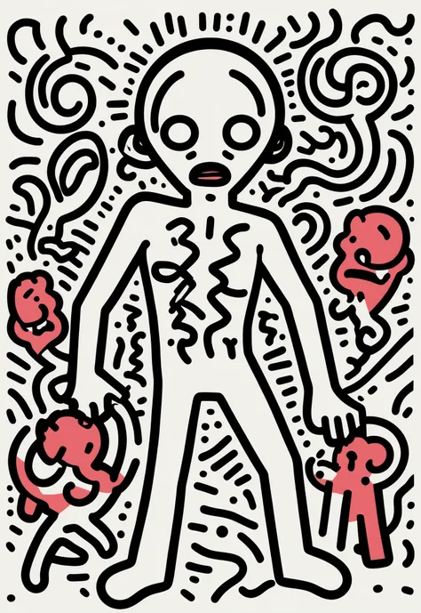 (anime style:1.5), doodle in the style of Keith Haring, flat illustration, sharpie illustration, bold lines and solid colors, minimalist, white background, simple and clean, simple details, vector illustration, Dvd screengrab, from 1985 dark fantasy film a...