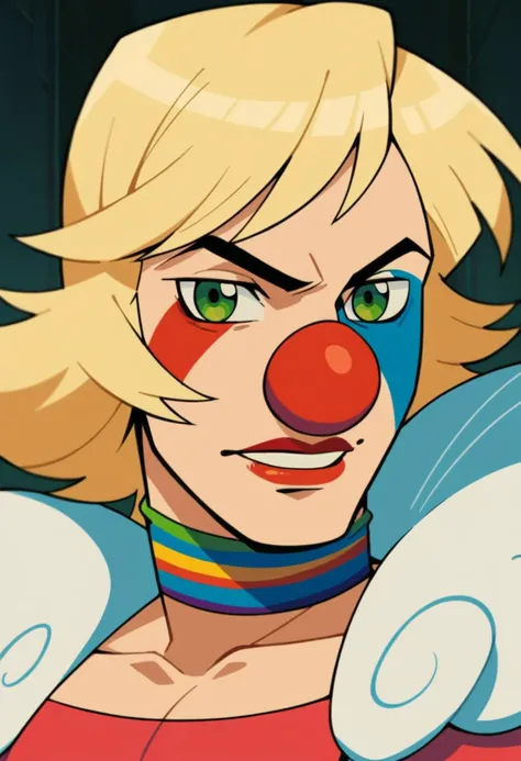 (score_9, score_8_up:1.1), score_7_up, 1boy, solo, blonde hair, green eyes, clown makeup, clown attire, comedy, parody